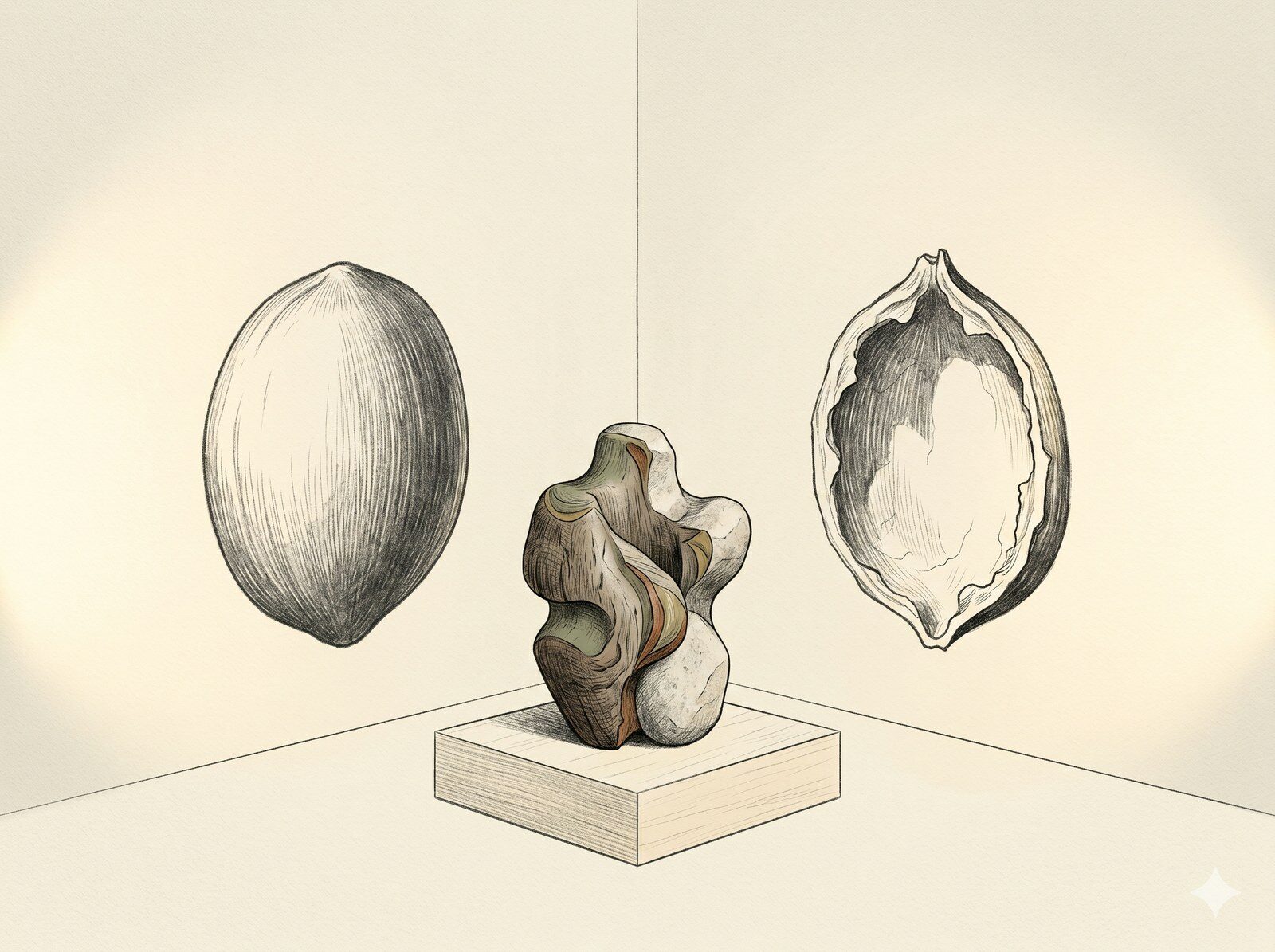 A single ambiguous sculptural seed-form on a plinth in the corner of a room, throwing two different shadows: on the left wall a whole, intact seed; on the right wall an empty, open husk.