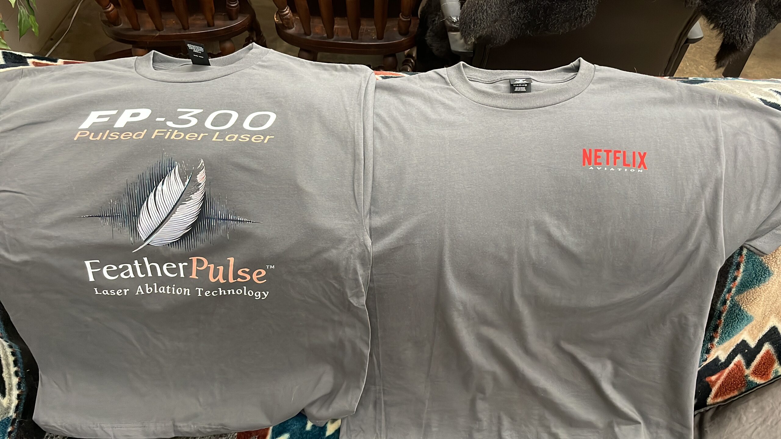 Custom Netflix Aviation x FeatherPulse FP-300 t-shirts made by Jamie for the Netflix MRO team